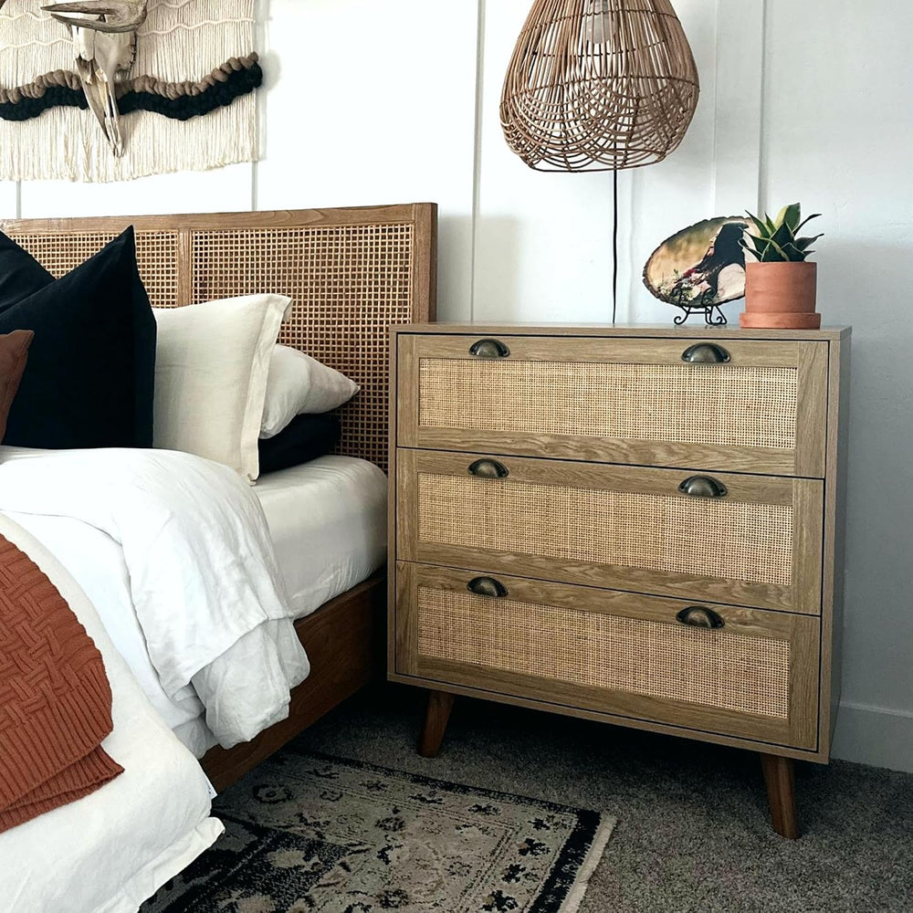 PHI VILLA Natural Rattan Nightstand, 3 Drawer Dresser Bedside Table