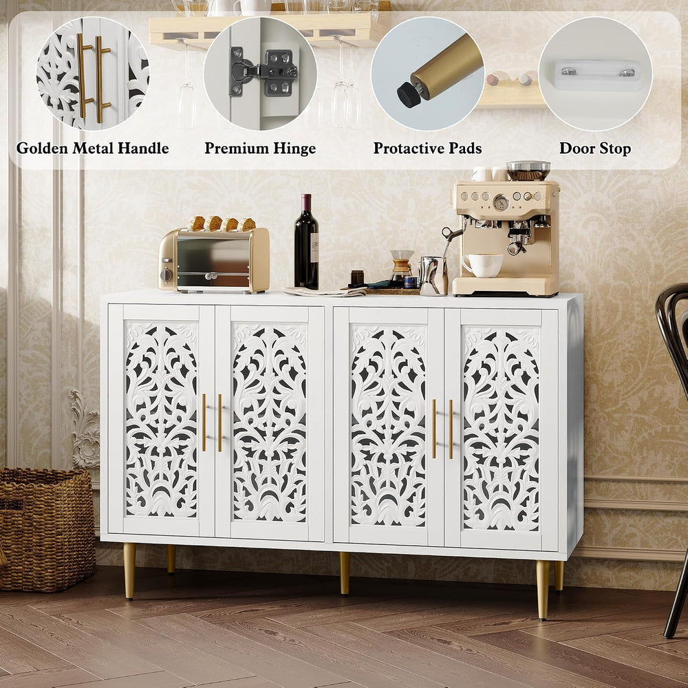 ARTPOWER 47.8" Vintage Accent Cabinet with 4 Hollow Carving Doors, White