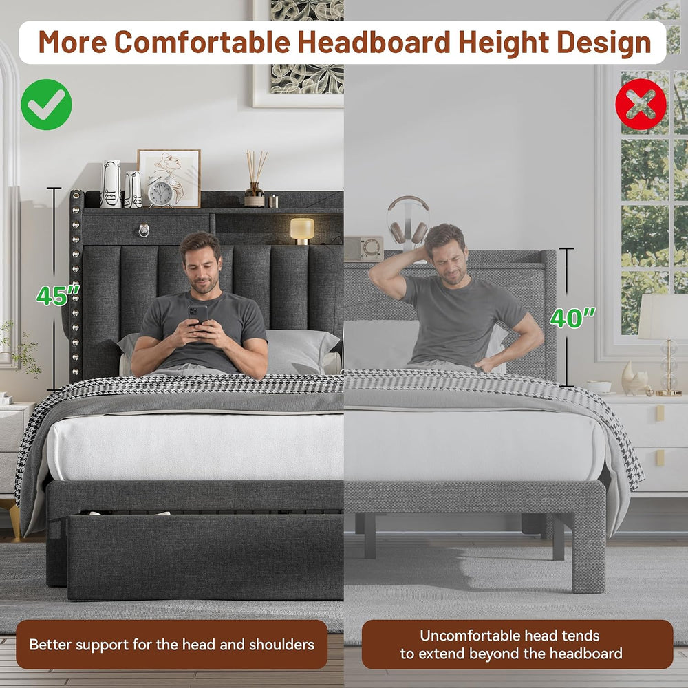 CypBed King Bed Frame with 4 Storage Drawers and Headboard,Charging Station