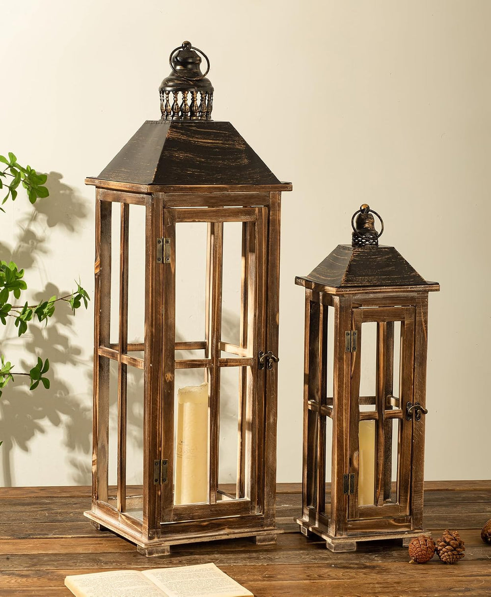 Large Farmhouse Wooden Decorative Lantern Set of 2, Rustic Distressed Brown B...