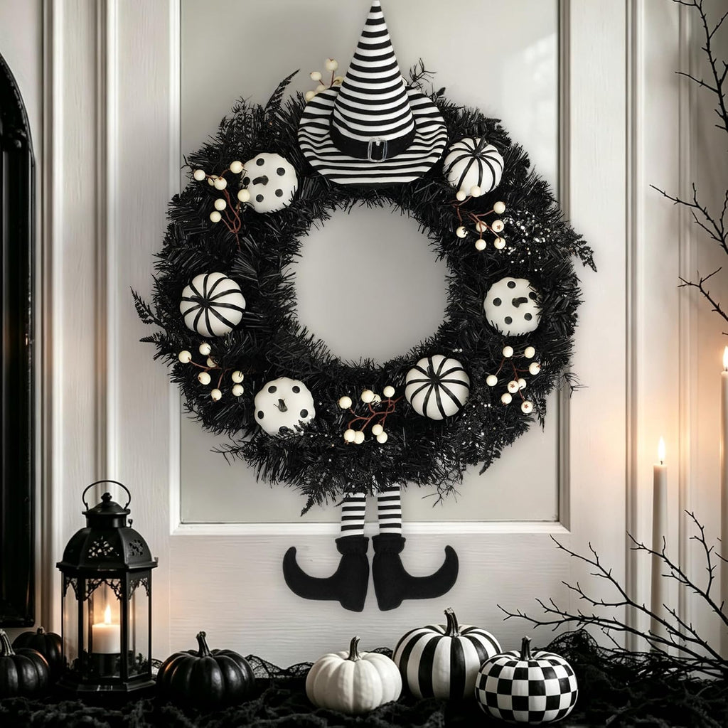 Yangrass 24" Spooky Halloween Wreath for Front Door with Witch Hat & Legs