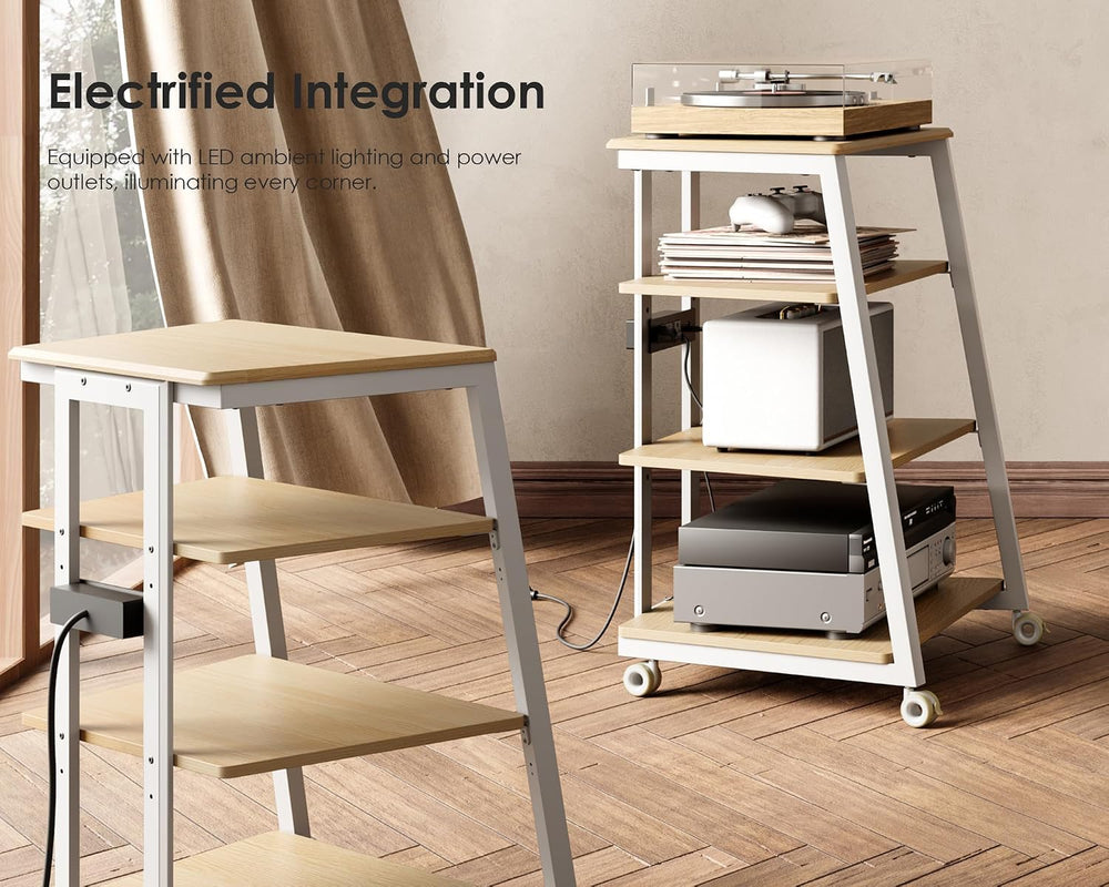 FITUEYES 4-Tier Media Stand with LED Backlight Integrated Power,White Oak