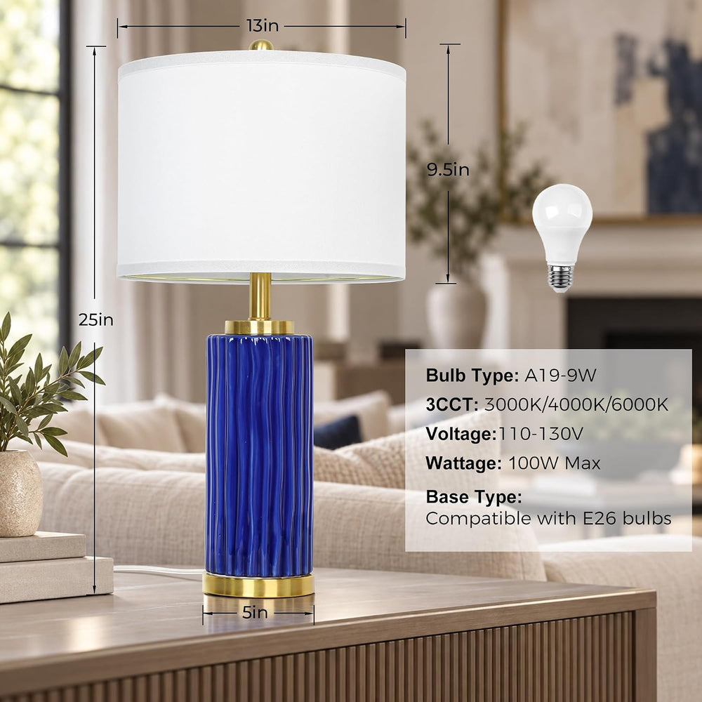 JUNNAI 25'' Navy Blue Ceramic Table Lamp, 3 Color Temperature Bulb In...