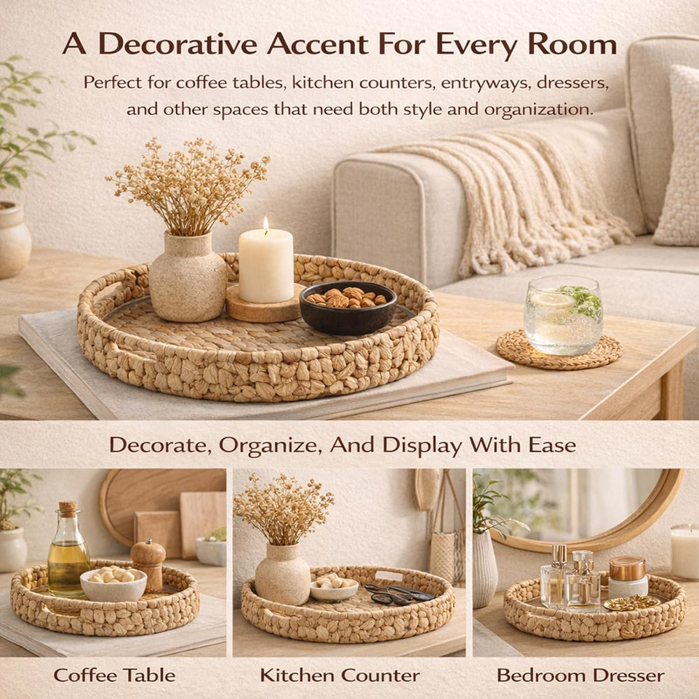 Round Woven Rattan Tray with Clear Acrylic Insert and Handles, Water Hyacinth...