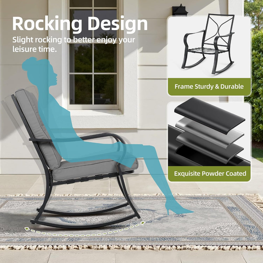 SUNCROWN Outdoor 3-Piece Rocking Chairs Patio Bistro Set Black Steel Furnitur...