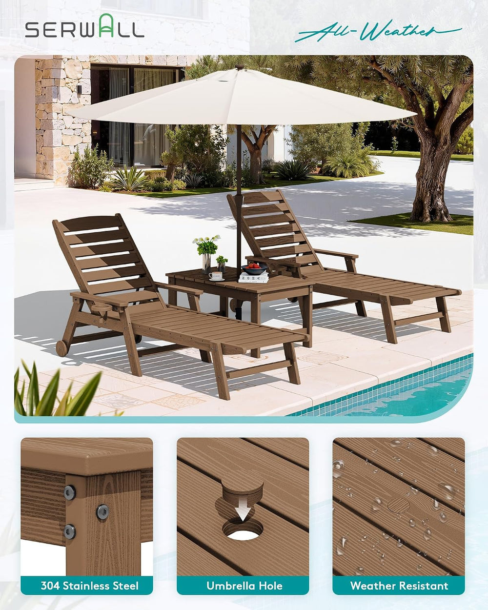 SERWALL HDPE Outdoor Coffee Table with Umbrella Hole, Brown