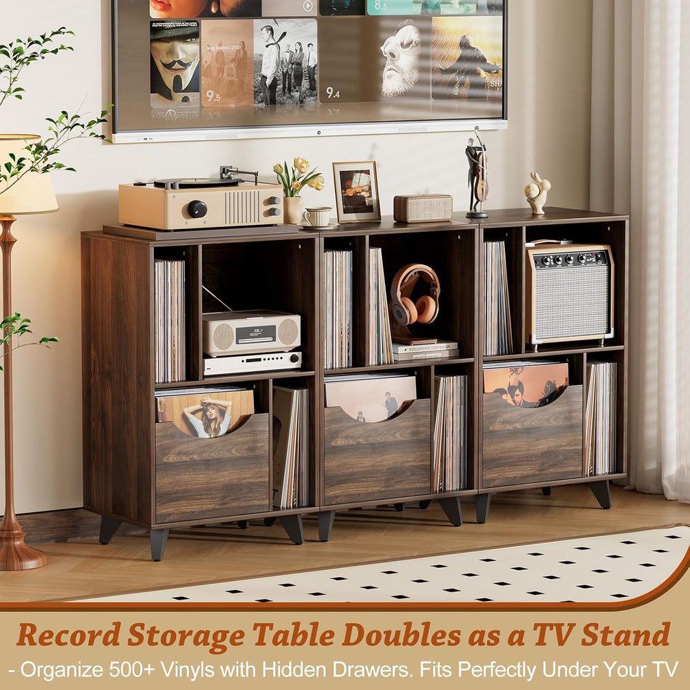 Bikoney Record Player Stand with Vinyl Storage, Mid Century Walnut