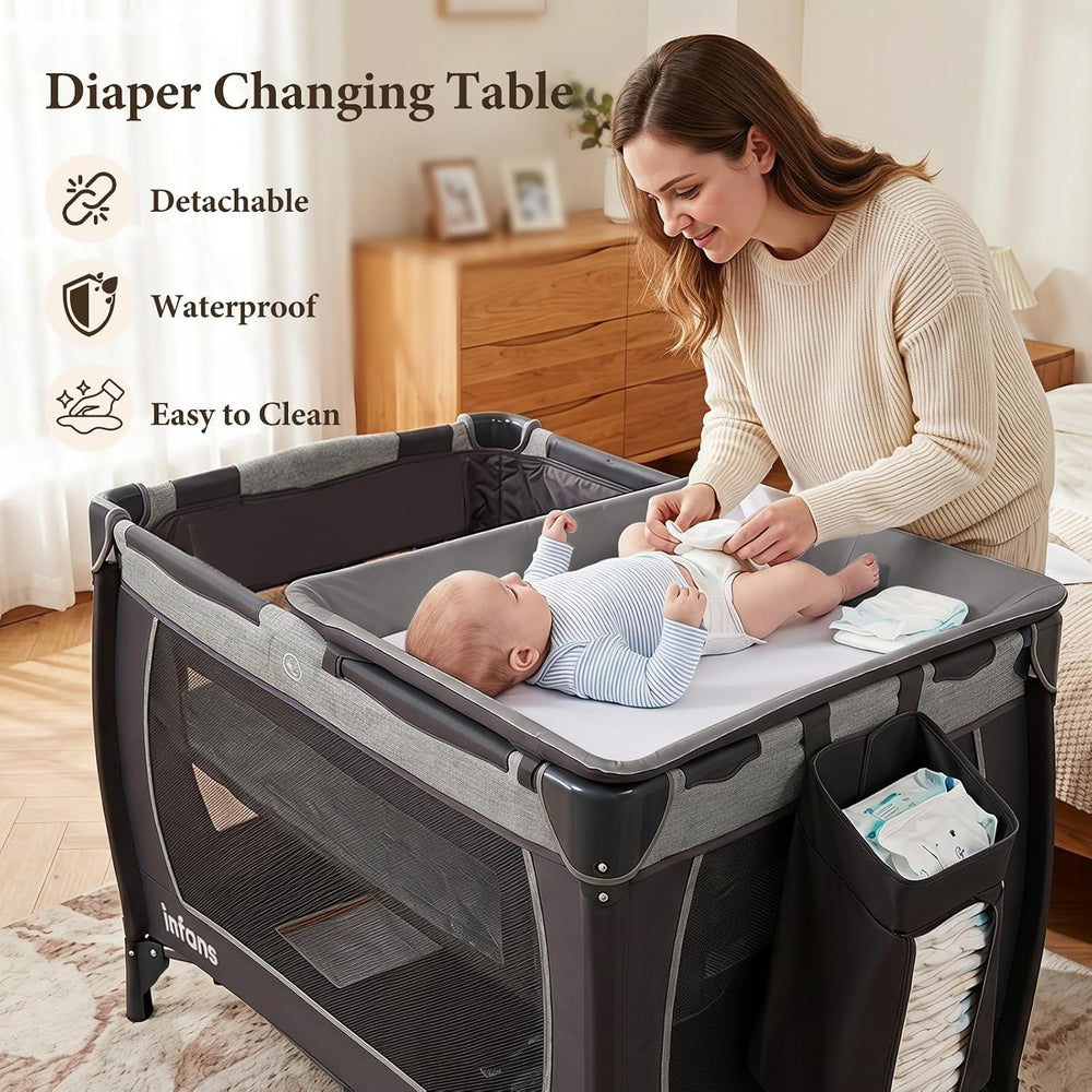 INFANS 5 in 1 Pack and Play with Bassinet, Changing Table, Storage Basket