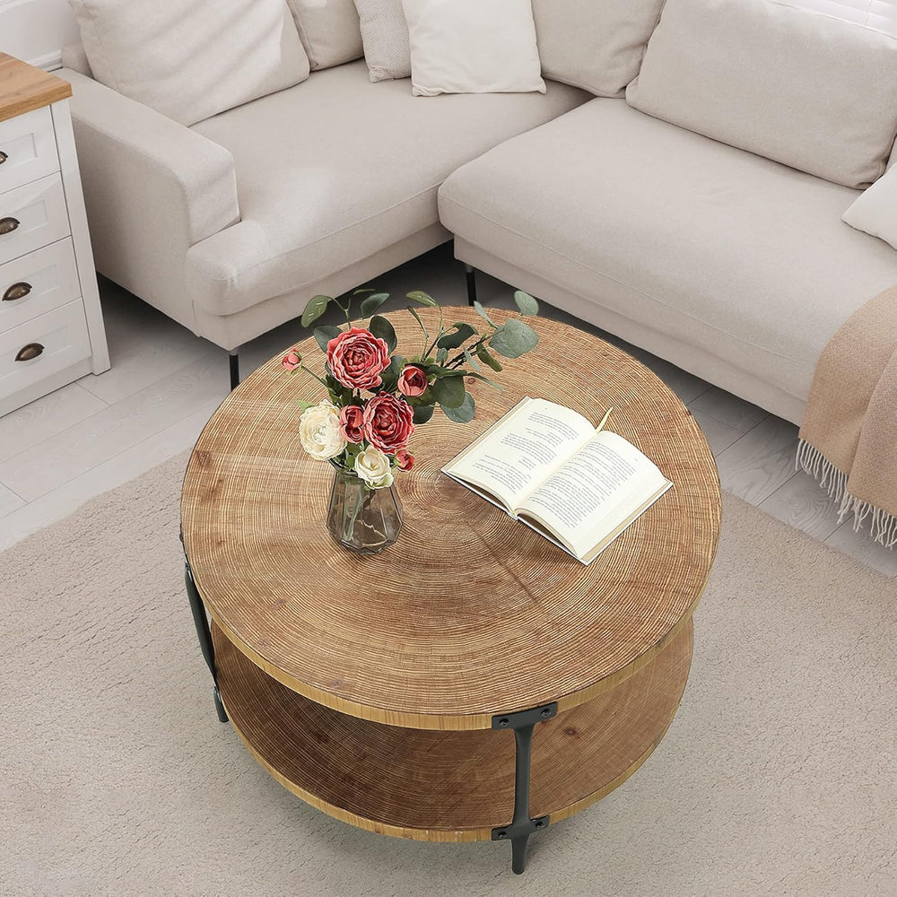 Awescuti Round Boho Wood Coffee Table - 29.1" Farmhouse Natural Circle W...