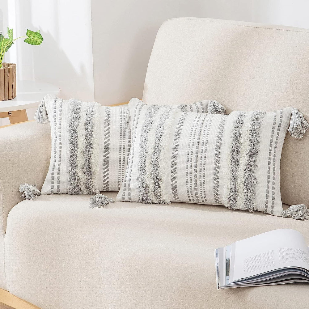 decorUhome Grey and Cream White Throw Pillow Covers 12x20 Set of 2