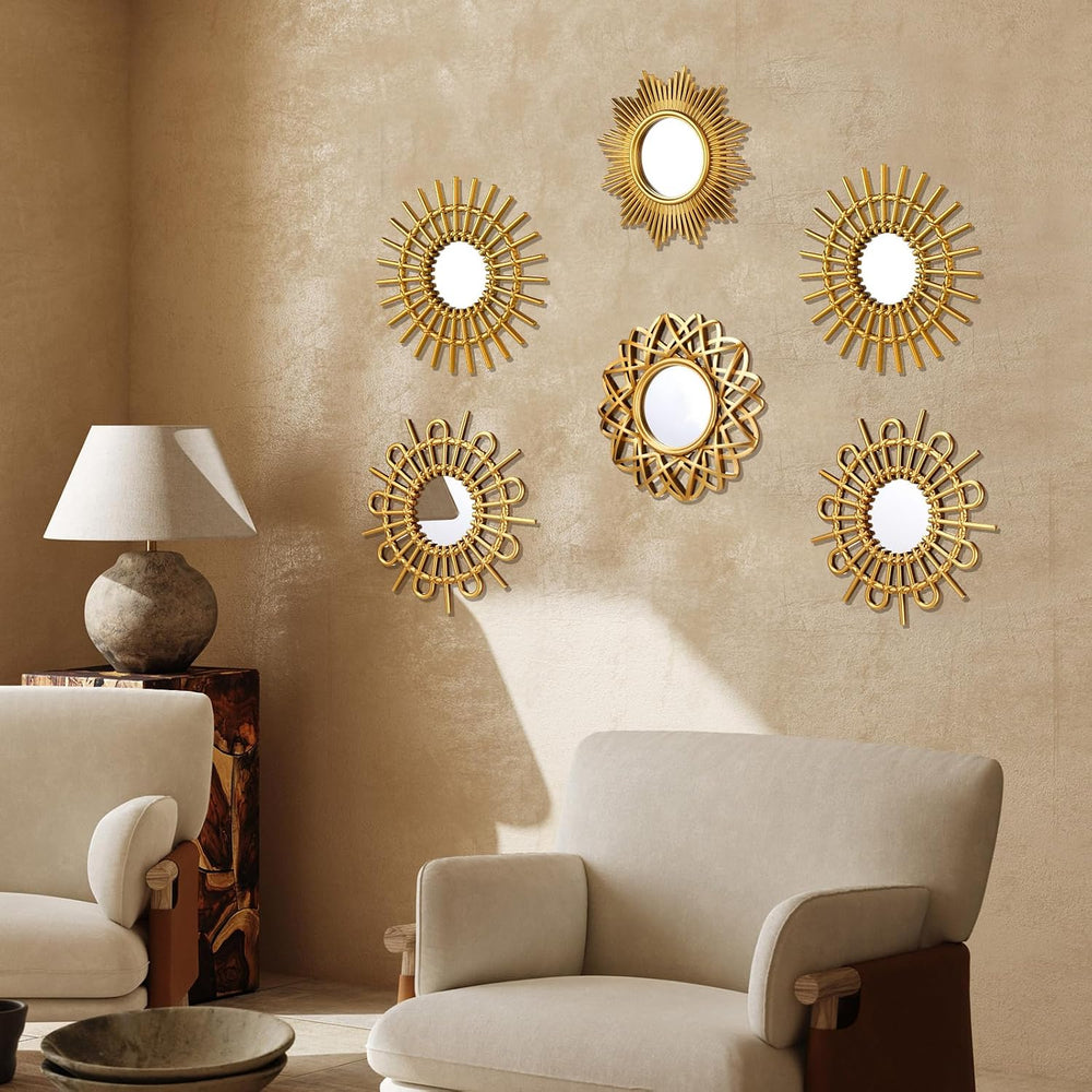 Namalu 6 Pcs Sunburst Round Mirror for Wall Decor, Elegant, Gold