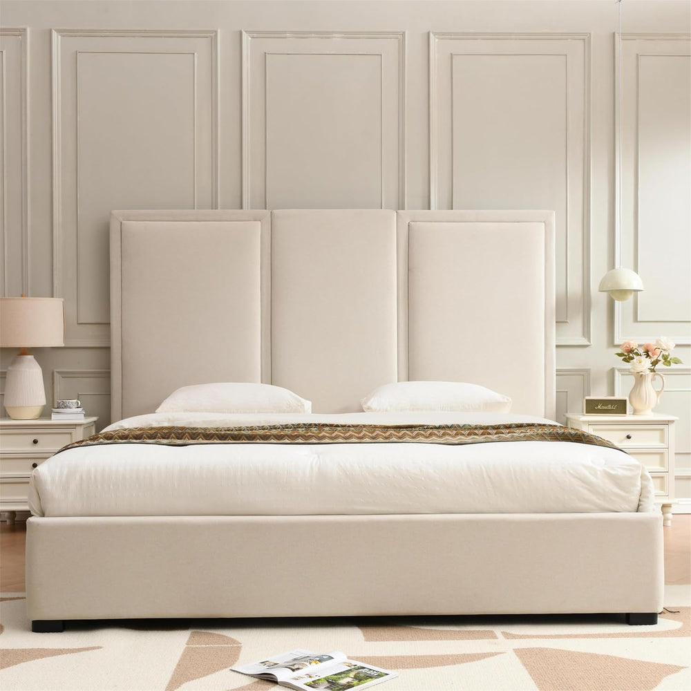 YUHUASHI King Storage Drawers Bed with 64" Upholstered Headboard，Beige