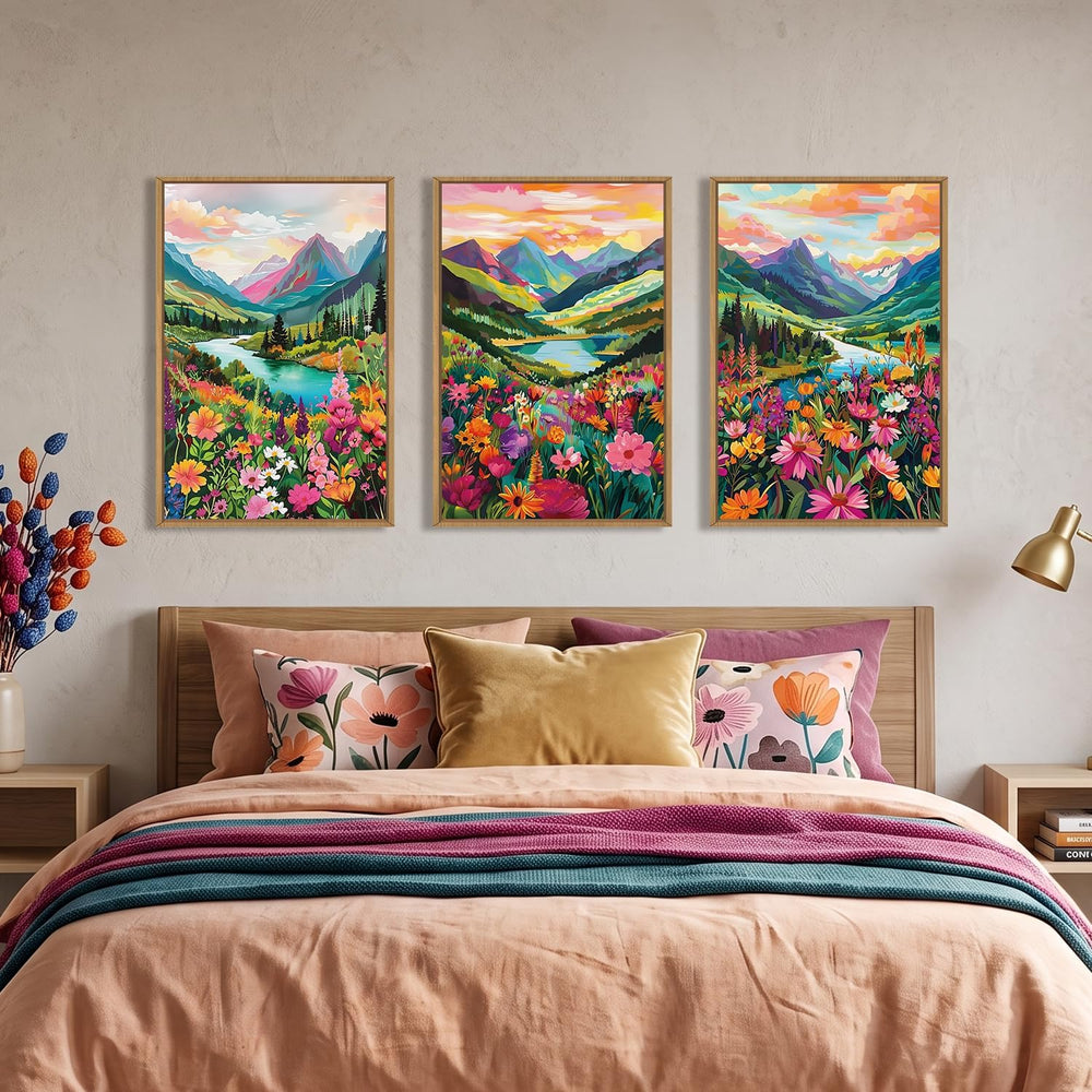 Colorful Mountain Floral Framed Canvas Wall Art Set-16"x24"x3