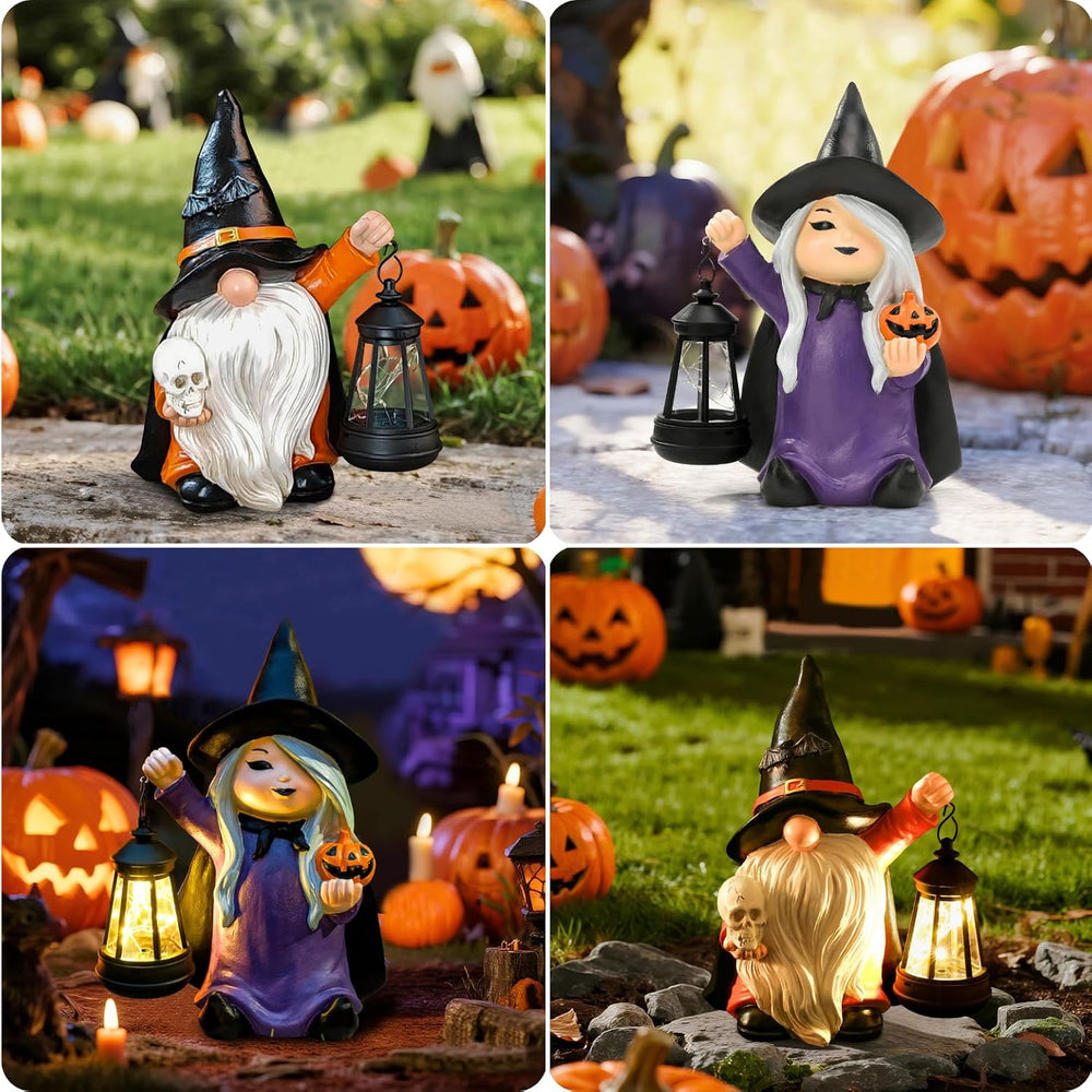 Halloween Witch Gnome Garden Statues with Pumpkin Solar Witch Gnome with LED ...