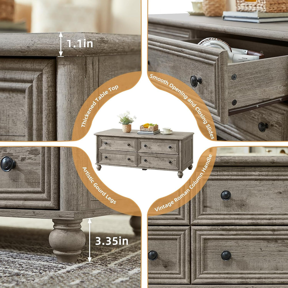 RWYHG 48" Farmhouse Grey Coffee Table, Center Table with 4 Drawers