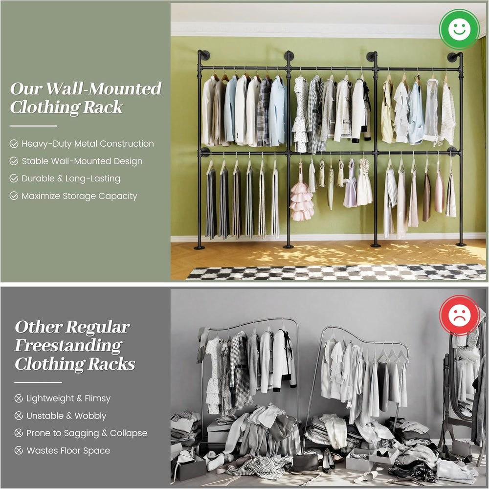 Industrial Pipe Garment Rack 106.3" L-Shaped Wall-Mounted Closet System
