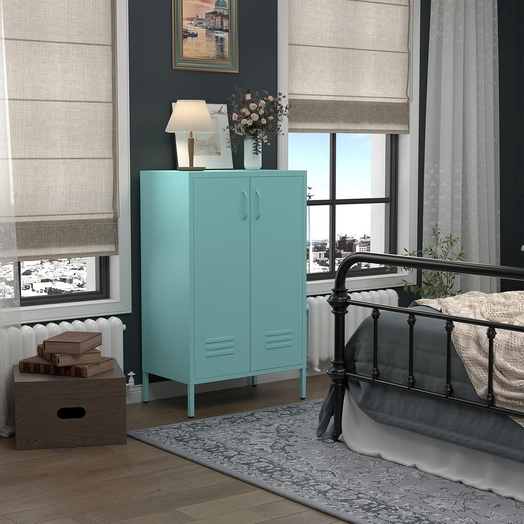 IRONFFICE Metal Accent Cabinet, Steel Cabinet Organizers and Storage, Metal Cabinet with Adjustable Shelves, 2 Doors Storage Cabinet for Living Room, Hallway, Office, Blue