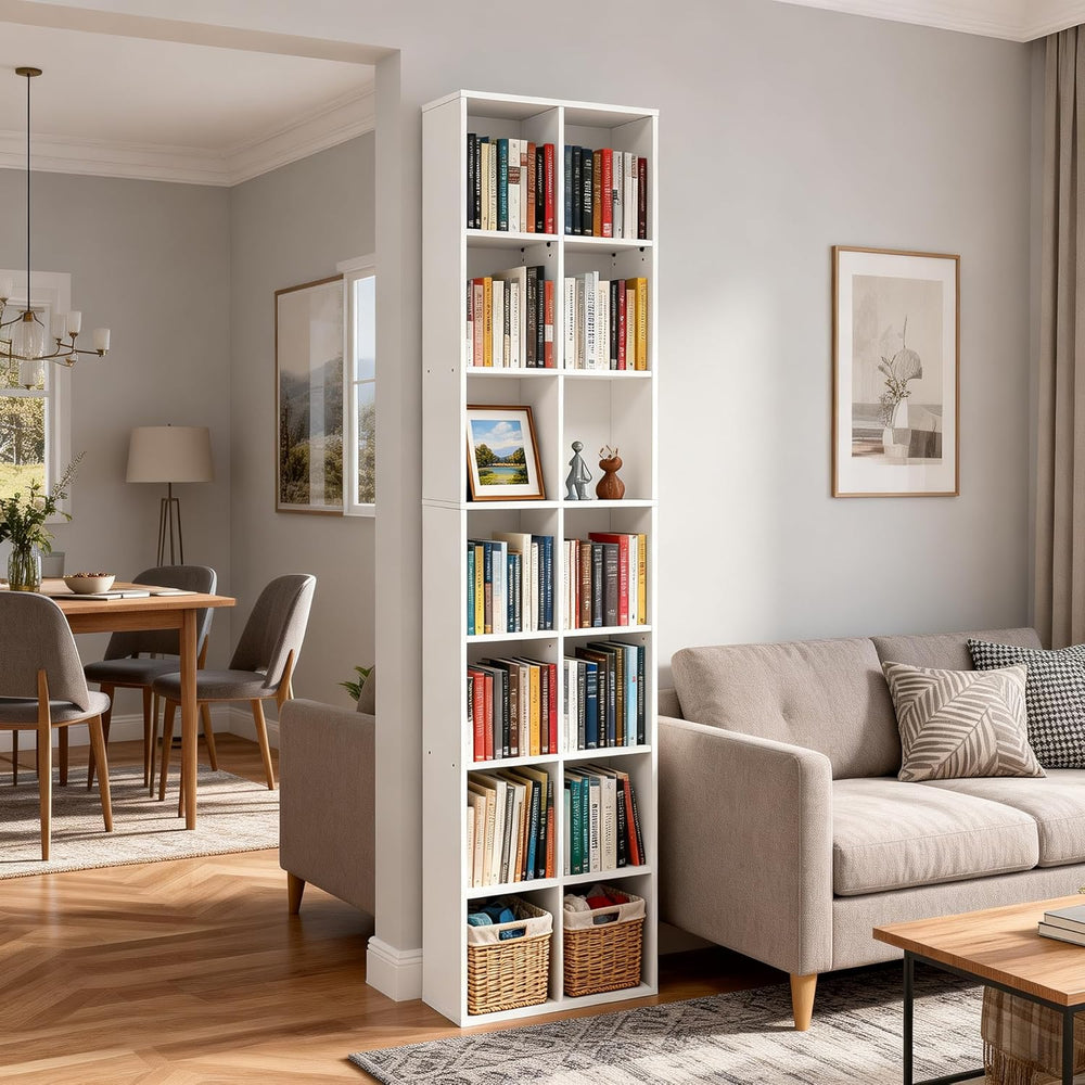 71" Tall Shallow Bookcase DVD Storage Shelf, 14 Cubes 7 Tier Narrow Wide...