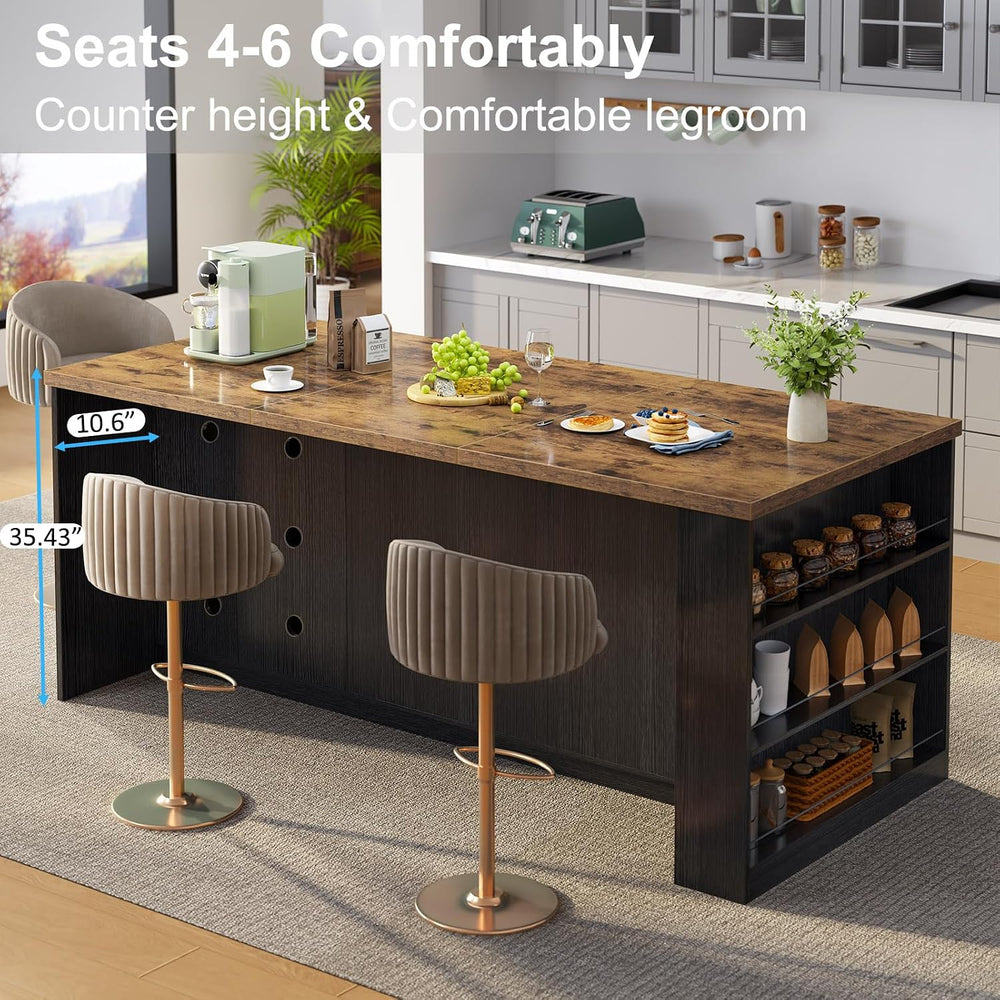 IBF 71" Large Kitchen Island with Storage and Seating, Rustic Brown &amp...