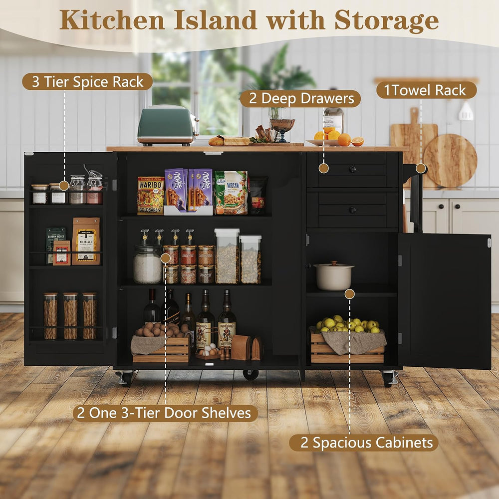 HLR Kitchen Island with Storage, Black Rolling Kitchen Island on Wheels with ...