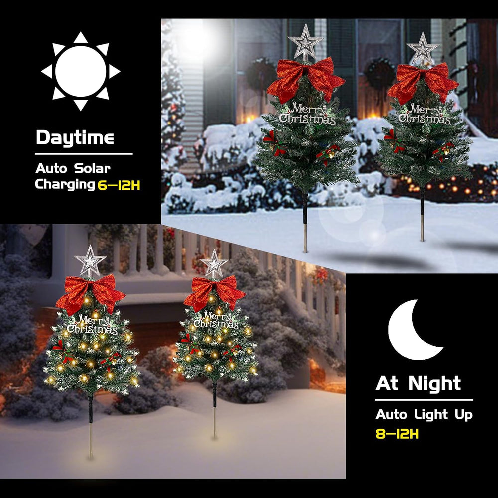 Christmas Tree Solar Pathway Lights Outdoor Decor, 4 Pack, Snowy