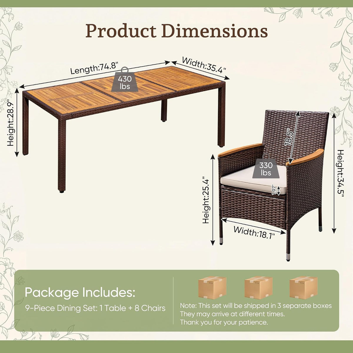 greesum 9 pieces patio dining set acacia wood, package contents