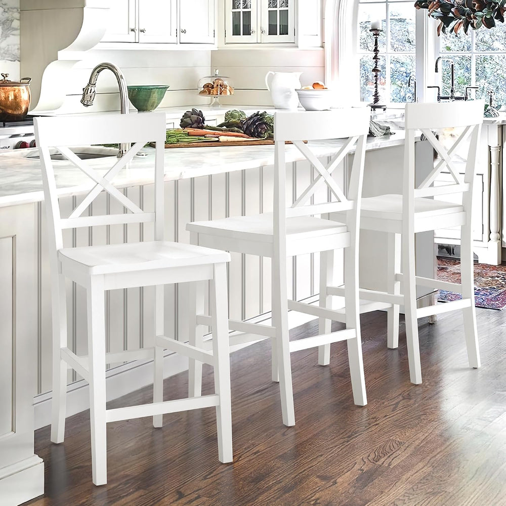 Cozyman Bar Stools Set of 3, 24" Wooden Barstools with X Back, White