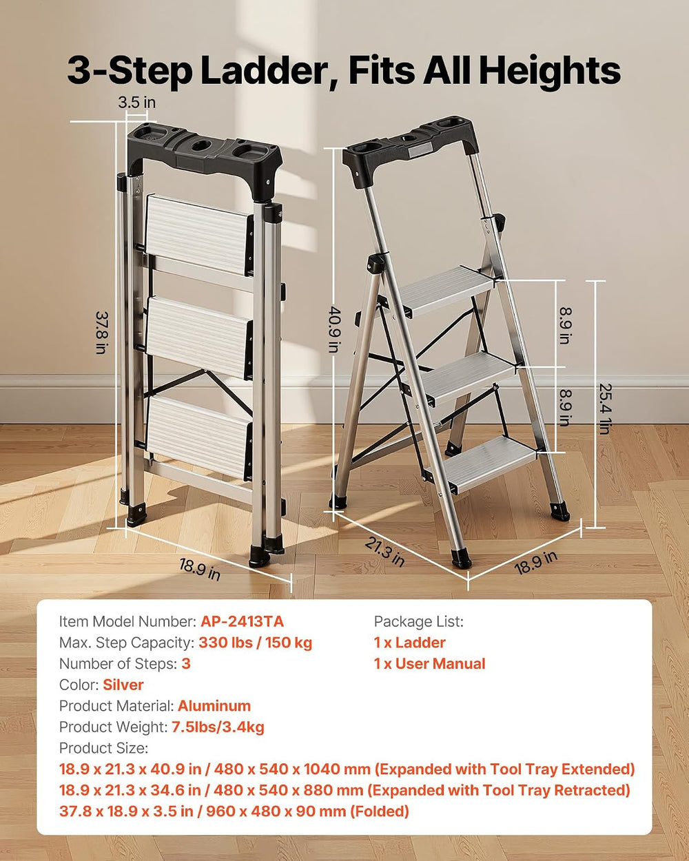 VEVOR 3 Step Ladder, Folding Step Stool with Wide Anti-Slip Pedal and Comfort...