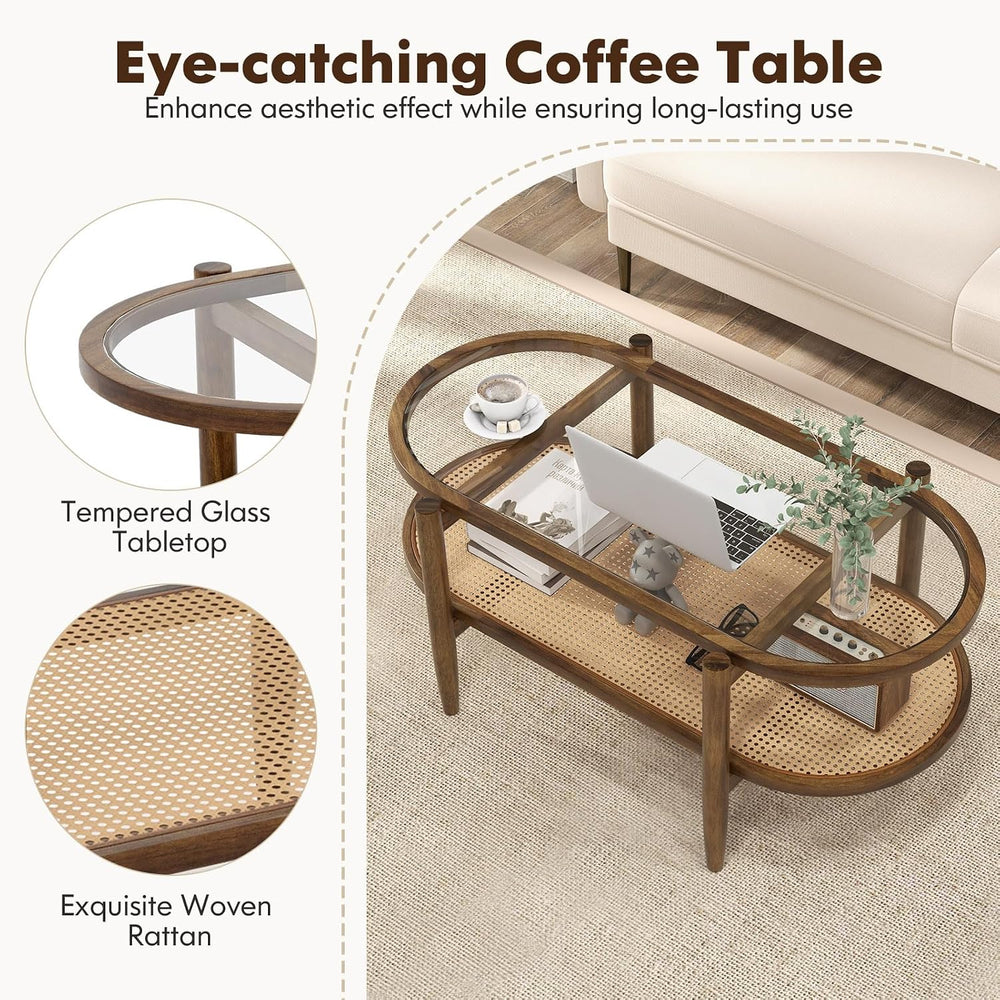 MAT EXPERT Rattan Coffee Table, 2 Tier Boho Oval Living Room Table w/Glass Ta...