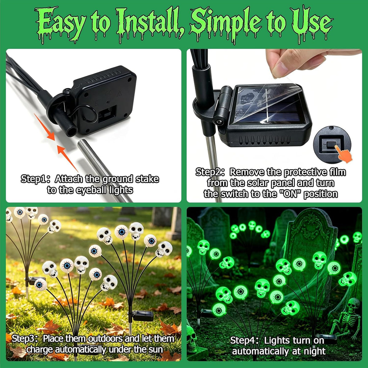 Halloween Decorations Outdoor, 4 Pack 24 LED Green Solar Scary Eyeball Lights, Waterproof Swaying Solar Firefly Light, Spooky Eyes Halloween Decor for Garden Yard Patio Lawn Pathway Party