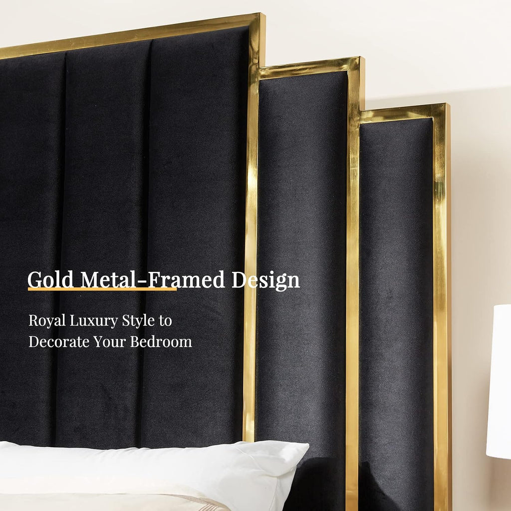 Albott Queen Size Platform Bed Frame, 61.4" Velvet Upholstered Bed with Gold Trim Headboard/Wooden Slats/No Box Spring Needed/Black