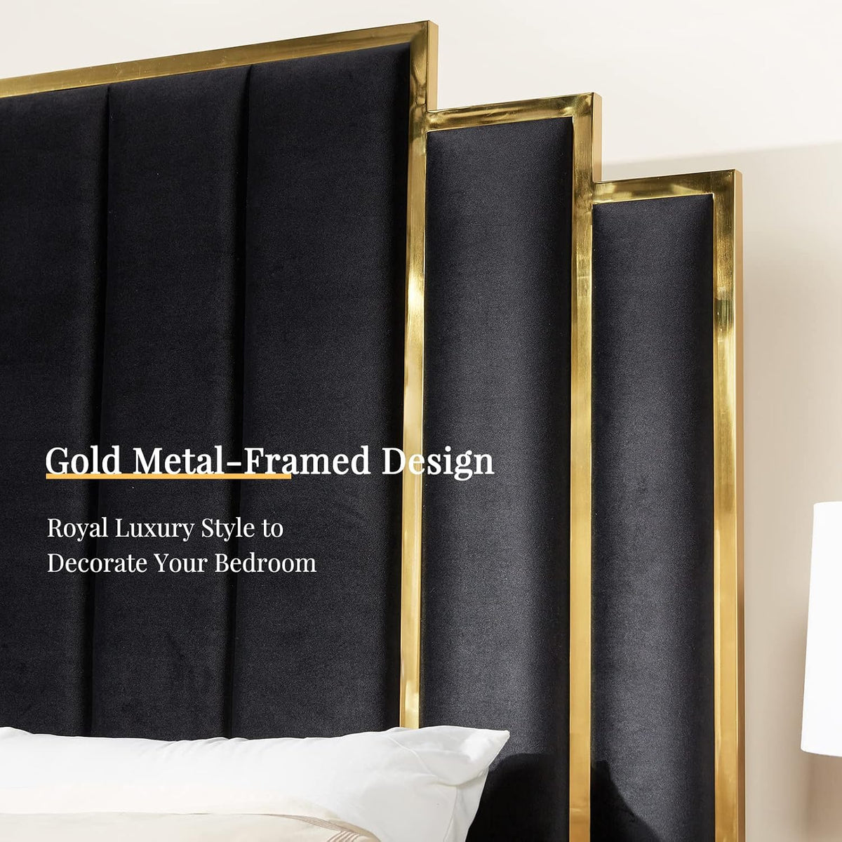 Albott Queen Size Platform Bed Frame, 61.4" Velvet Upholstered Bed with Gold Trim Headboard/Wooden Slats/No Box Spring Needed/Black