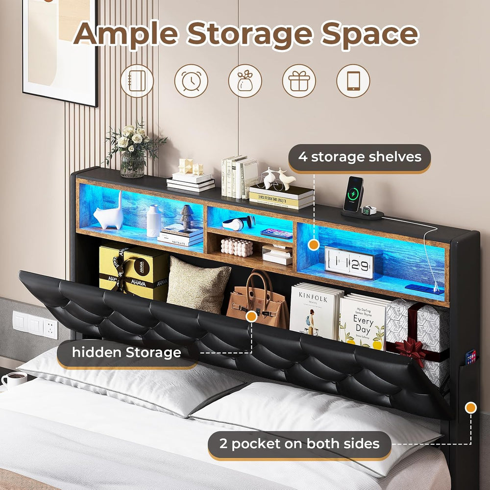 HAUOMS Queen Bed Frame with Headboard and 4 Drawers, PU Black Upholstered