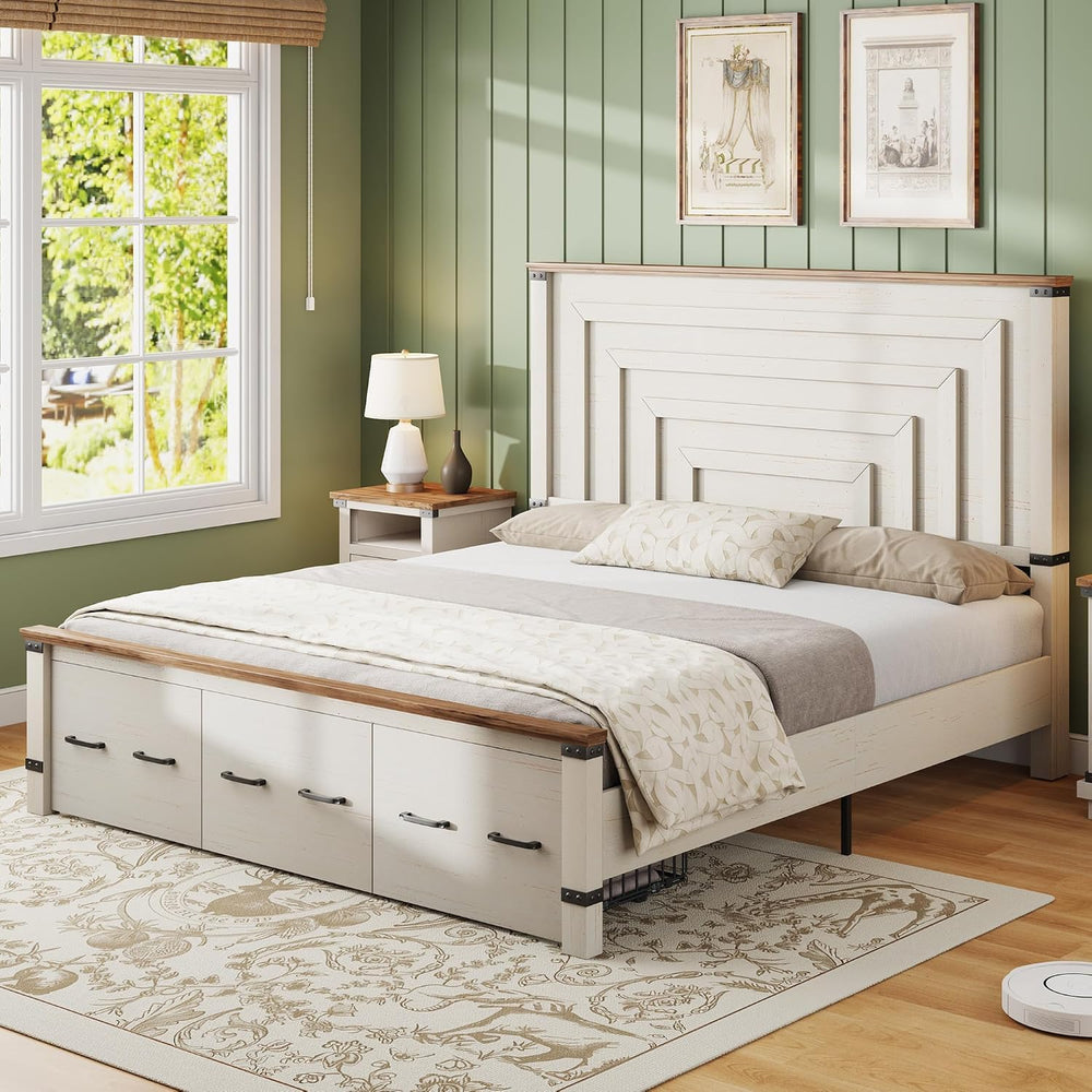 AMERLIFE 5-Piece Farmhouse Bedroom Set, Rustic Wood King Bed Frame with 51&qu...