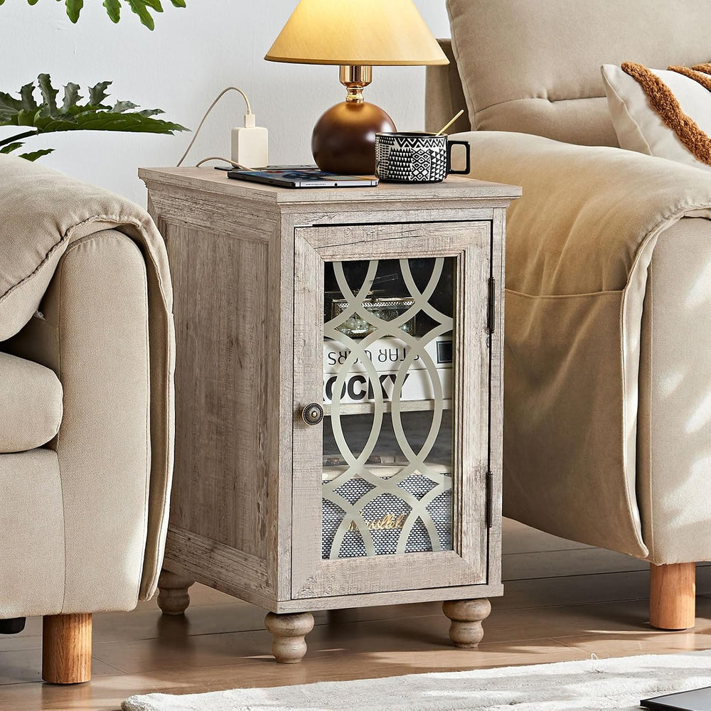 Joaxswe Narrow Side Table with Charger, Glass Door Storage