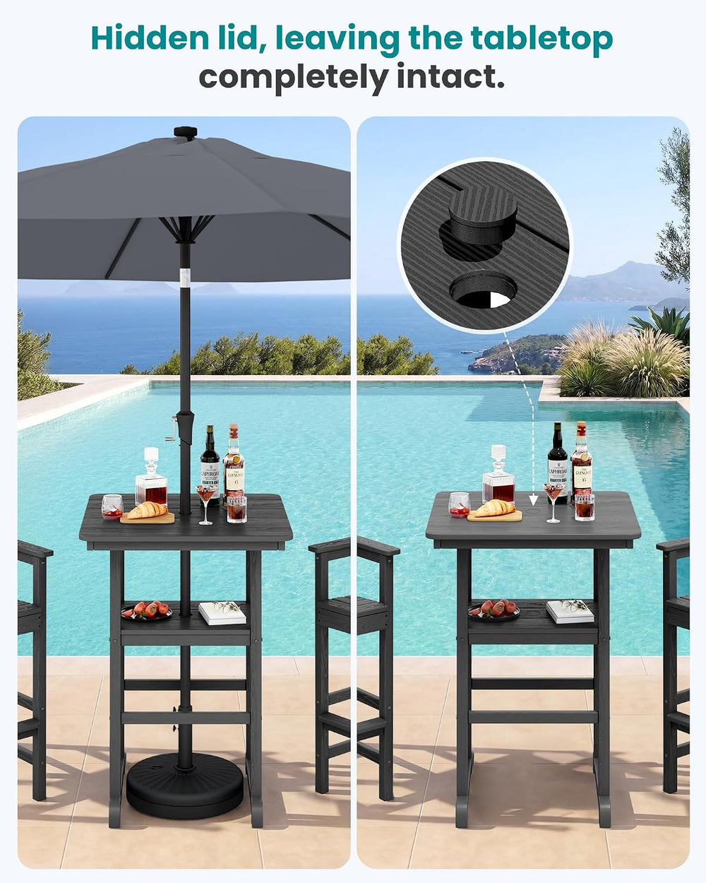 SERWALL 3 Pcs HDPE Bar Height Chairs and Double Layer Pub Table Set, Gray