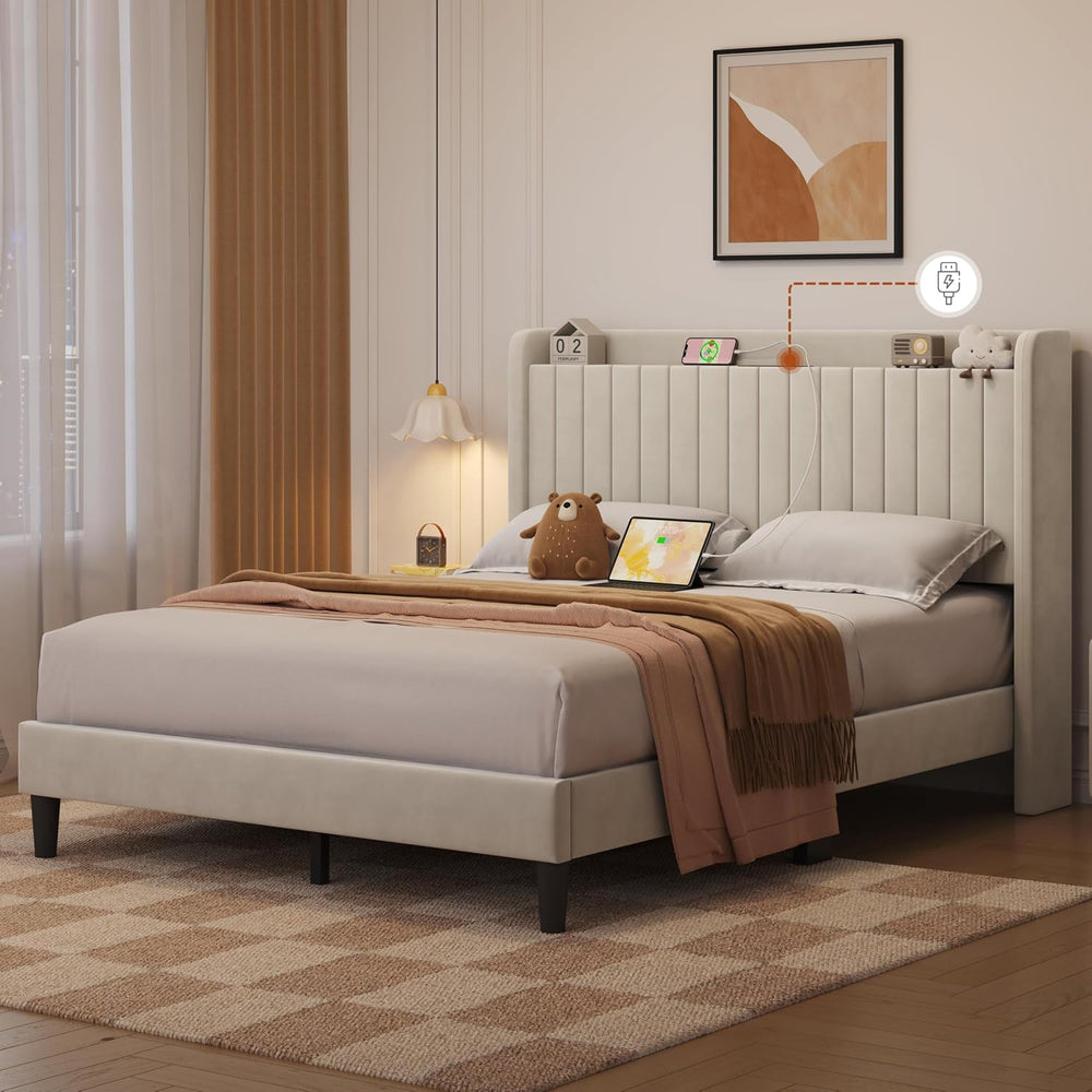 Yaheetech Queen Bed Frame with Channel-Tufted Storage Headboard, Beige