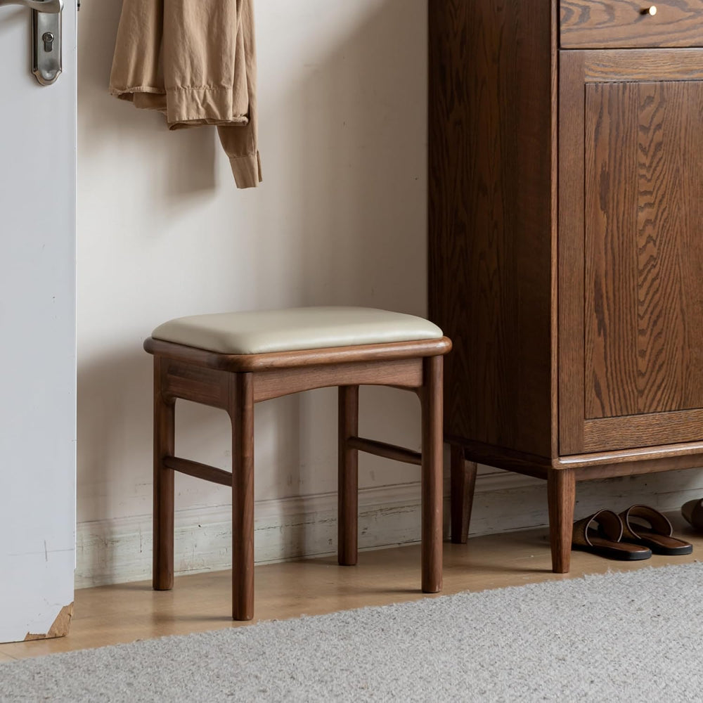 Upholstered Stool with Solid Wood Leg, Leather Padded Dining Ottoman Walnut F...