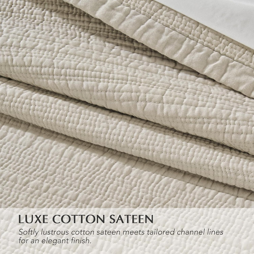 EVERGRACEHOME Cotton Sateen Channel Quilt Set, King Size, Parchment