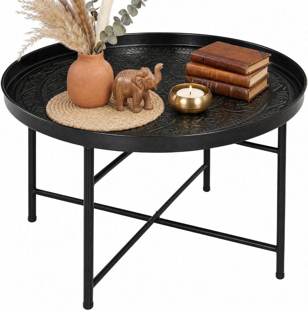 HOMCOM 24" Hammered Round Coffee Table Vintage Metal Side Table Black