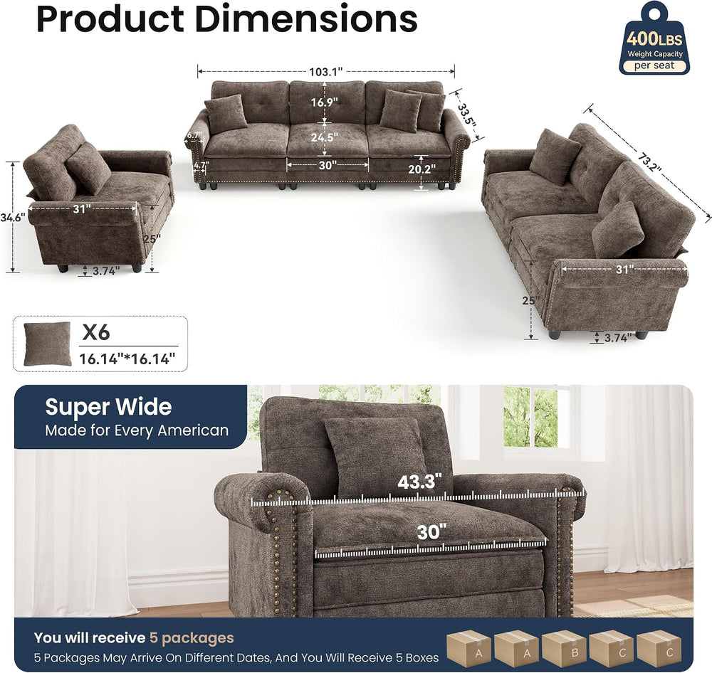 PHI VILLA Modular Sectional Sofa Set Living Room 3-Piece Extra Deep Seats