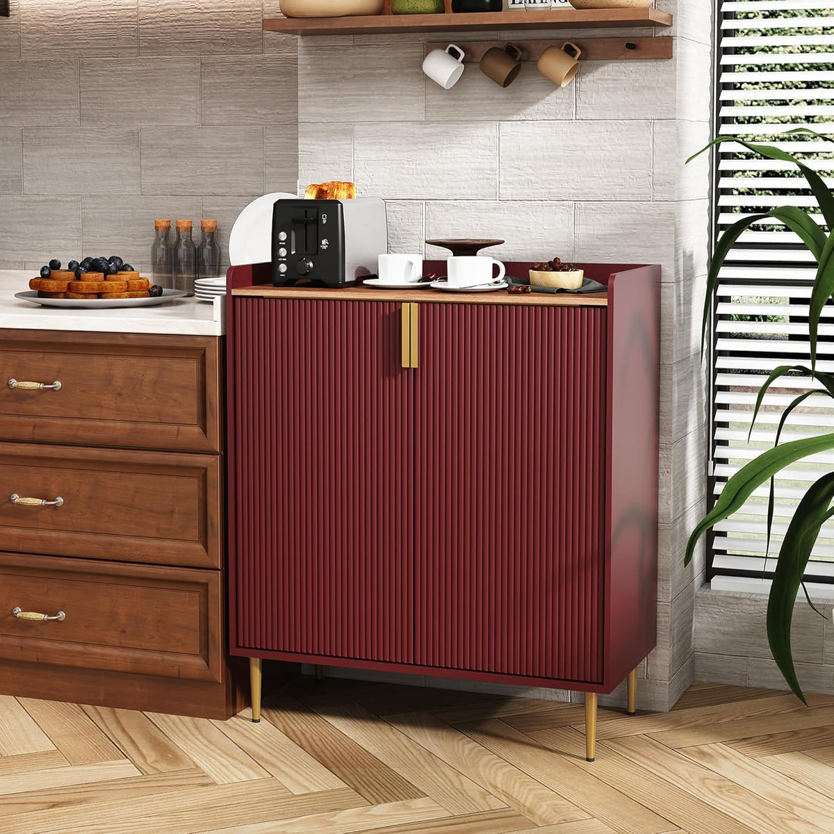 ARTPOWER Coffee Bar Cabinet with Wine Rack&Glass Holder, Red