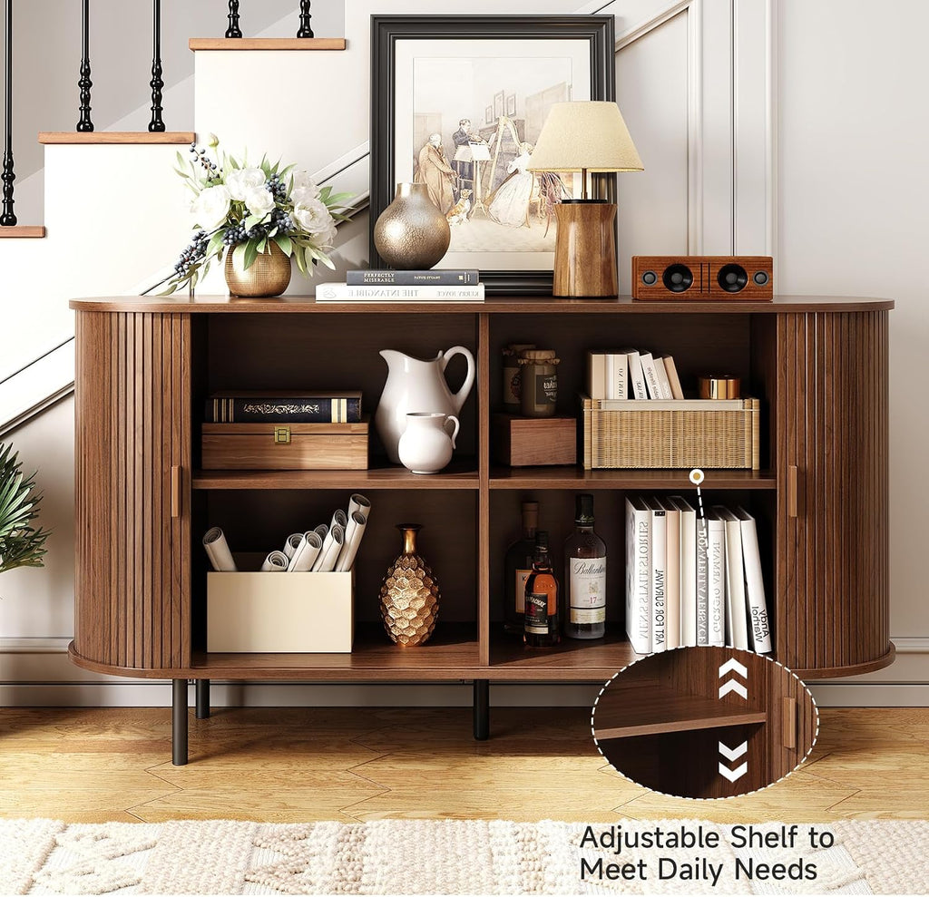 ONBRILL 55" Sideboard Buffet Cabinet, Sliding Door/Adjustable Shelf, Walnut