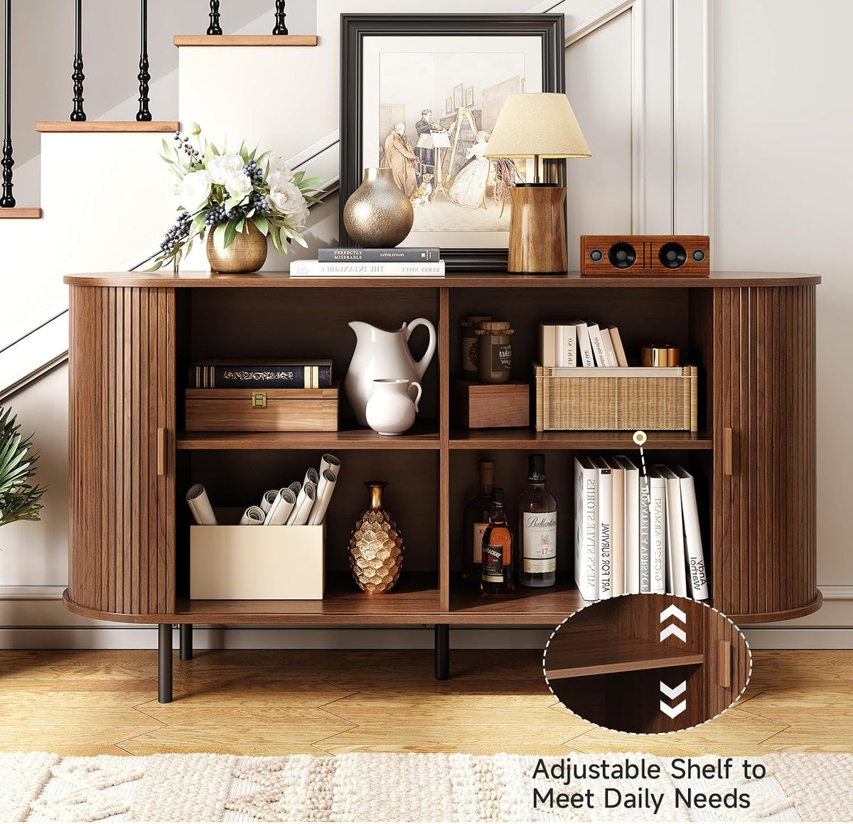 ONBRILL 55" Sideboard Buffet Cabinet, Sliding Door/Adjustable Shelf, Walnut
