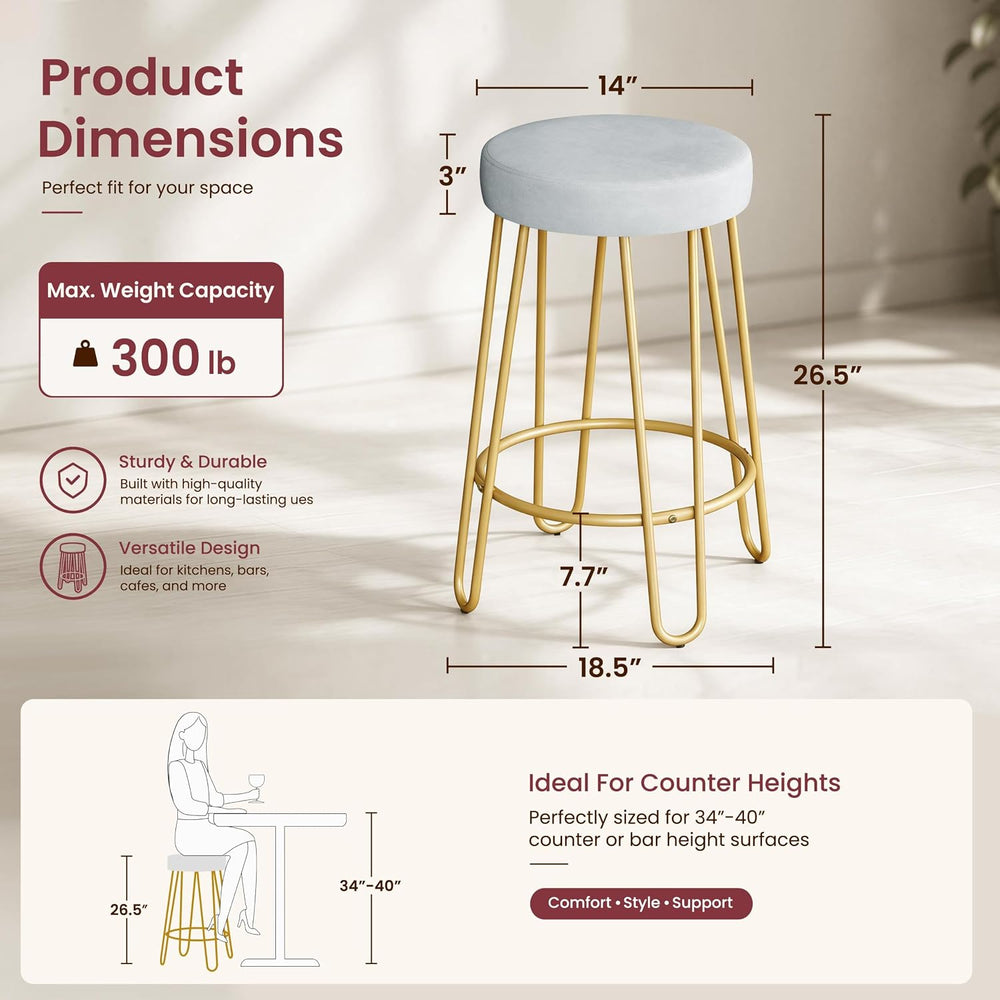 Yaheetech Bar Stools Set of 4, Velvet Counter Stools, Gold Metal Legs, Gray