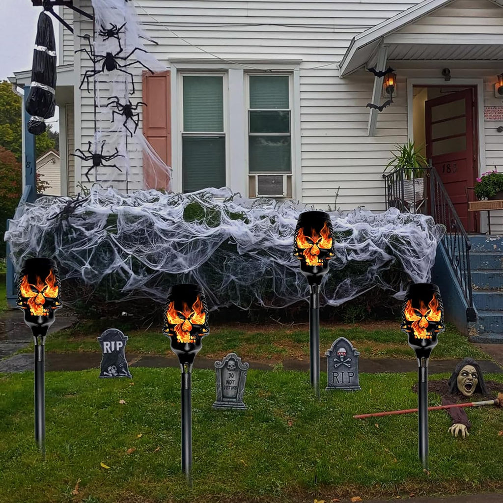 Halloween Solar Skull Stake Lights, Pathway Decor, 8 Pc, Orange