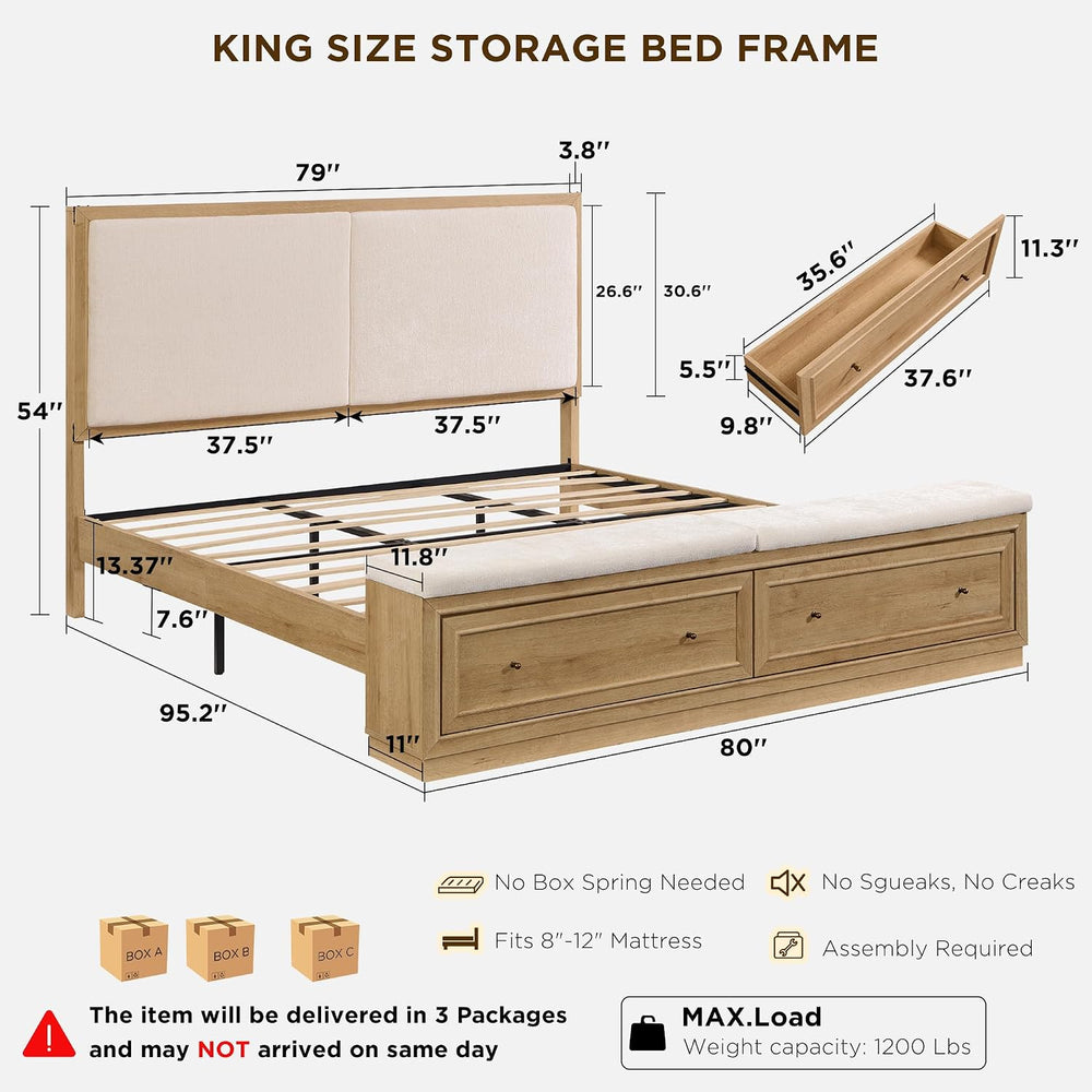 ACCOHOHO King Bed Frame w/Upholstered Headboard,Storage Bench,Natural Oak