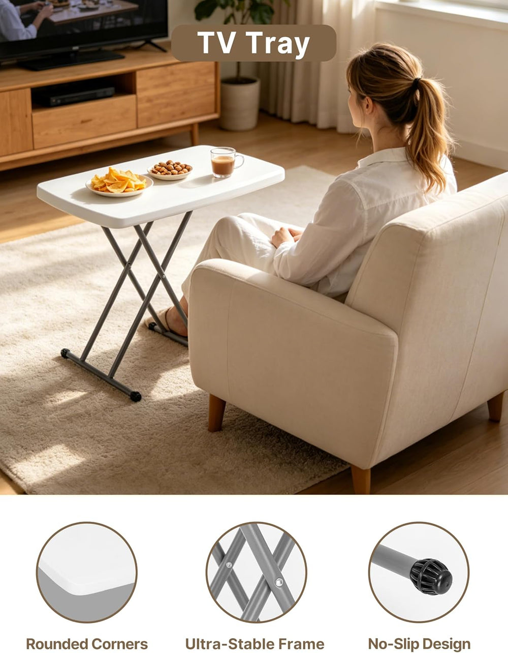 Small Folding Table 30 Inch Adjustable Height Portable TV Tray