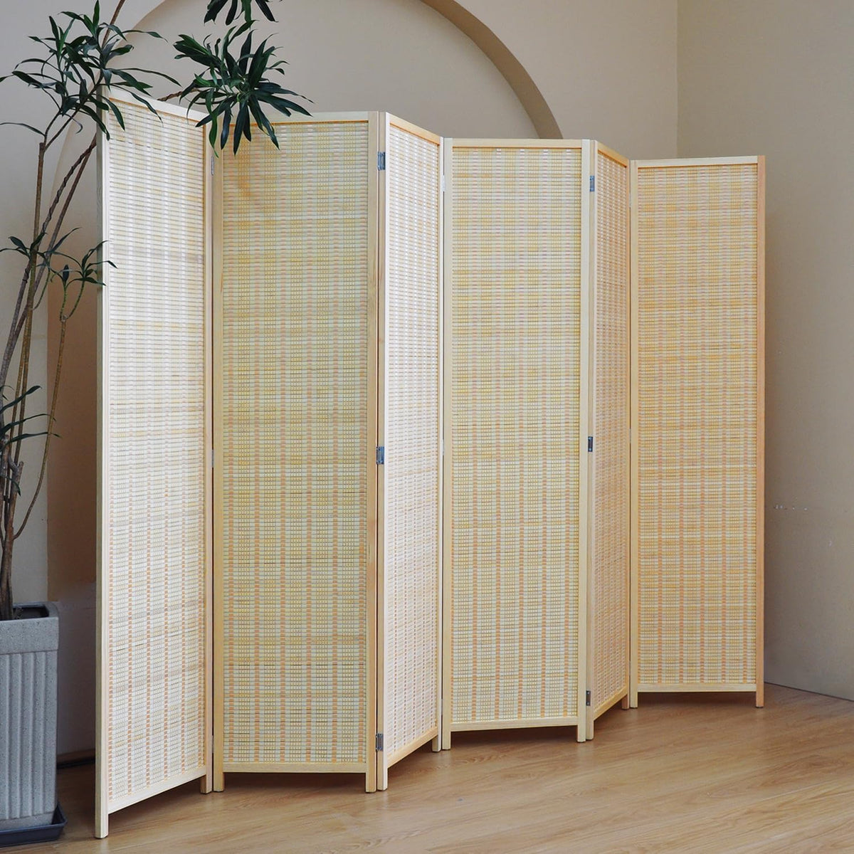 Furnnylane 6 Panel Bamboo Room Divider – 5.6 ft Tall Folding Privacy Screen, Natural Beige Freestanding Room Partition Wall (67" H x 92.1" W, 6-Panel)
