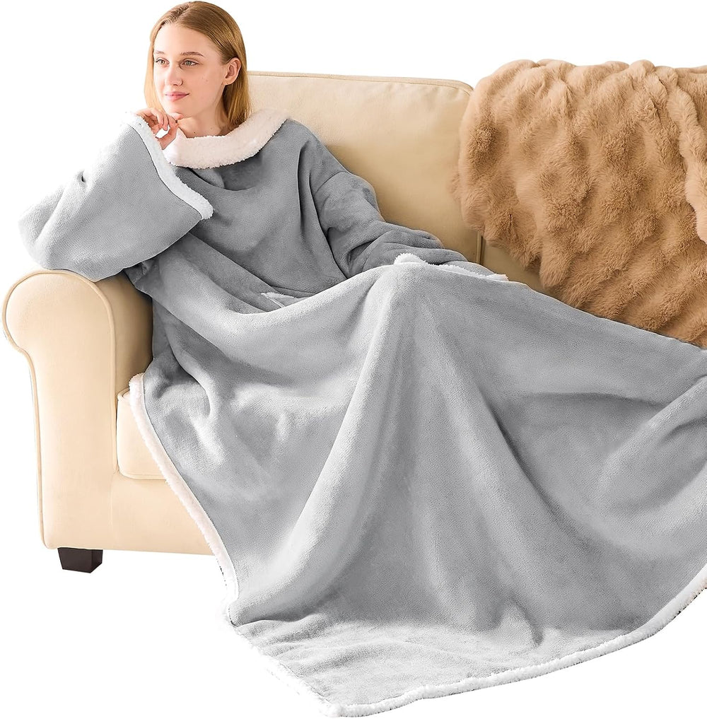 IFNOW Sherpa Wearable Blanket with Sleeves, Oversized Snuggle Robe, Grey